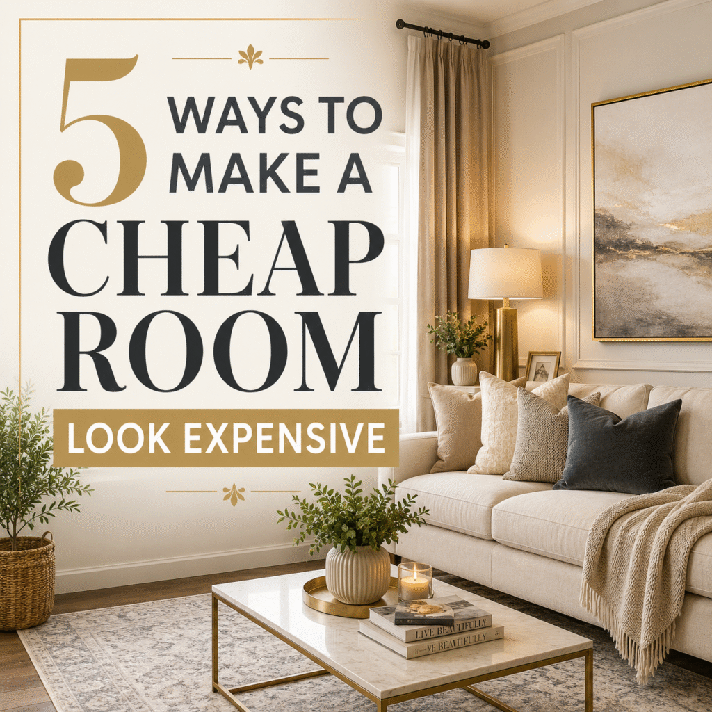 5 ways to make a cheap room look expensive banner with elegant living room decor